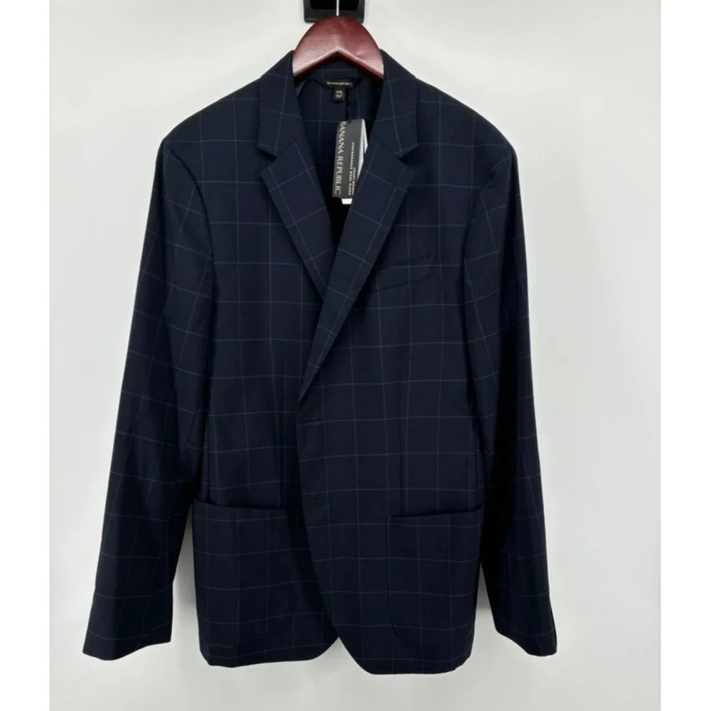 Banana Republic BR+ Performance Wool Blazer Navy Windowpane 44L Standard Fit